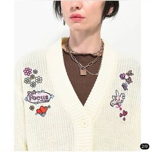 Broken Promises x Happy Bunny Focus On Me Cardigan Ivory Crop Sweater